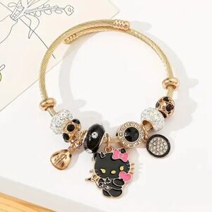 Hello Kitty Charm Pendant Black & Gold Tone Bangle Bracelet